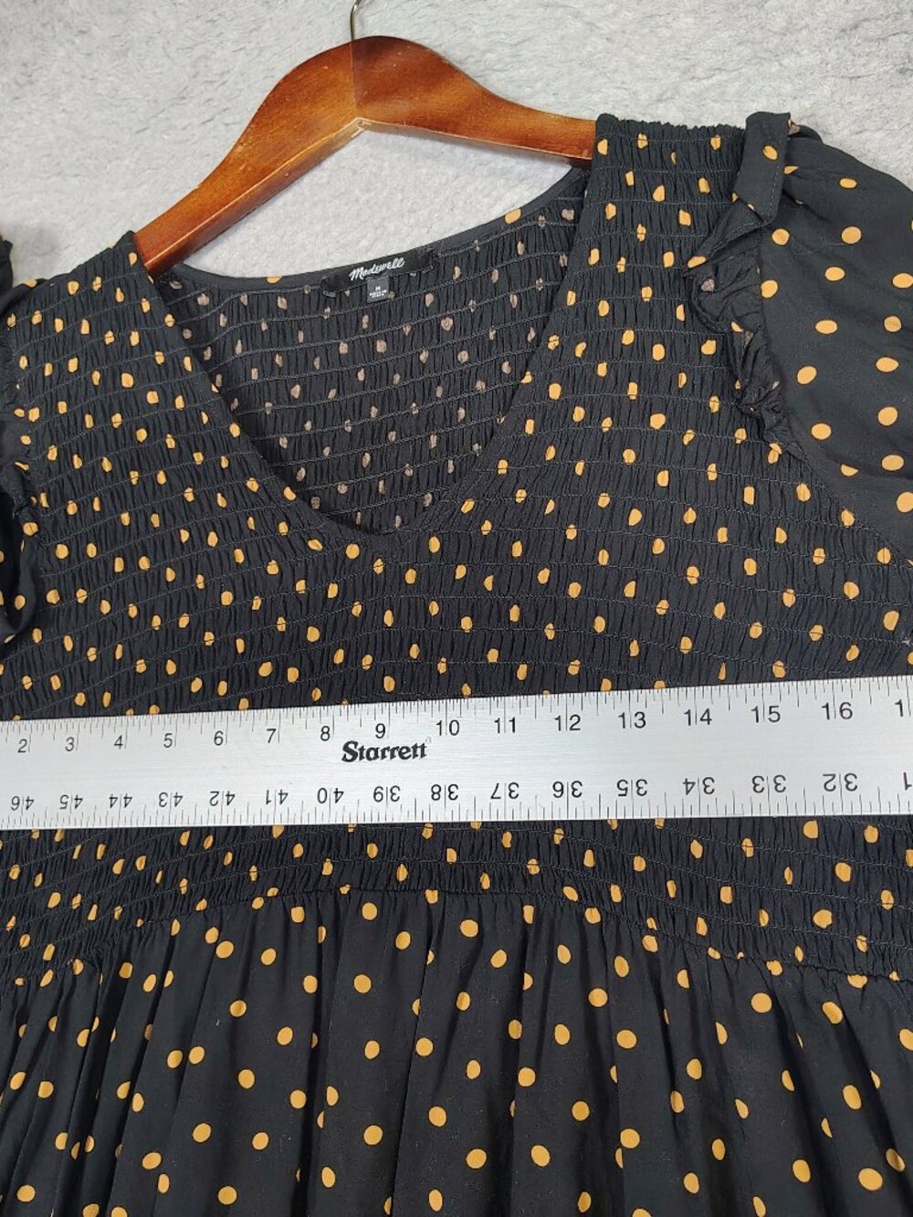 Madewell Mini Dress Women Medium Black Oval Dot Smocked Lucie V-Neck Puff Sleeve - Picture 10 of 11